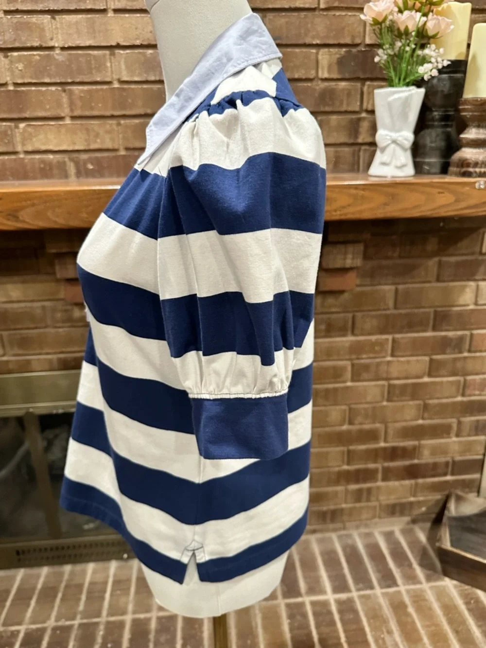Maeve Anthropologie Blue Striped Puff Sleeve Polo Top Size Small